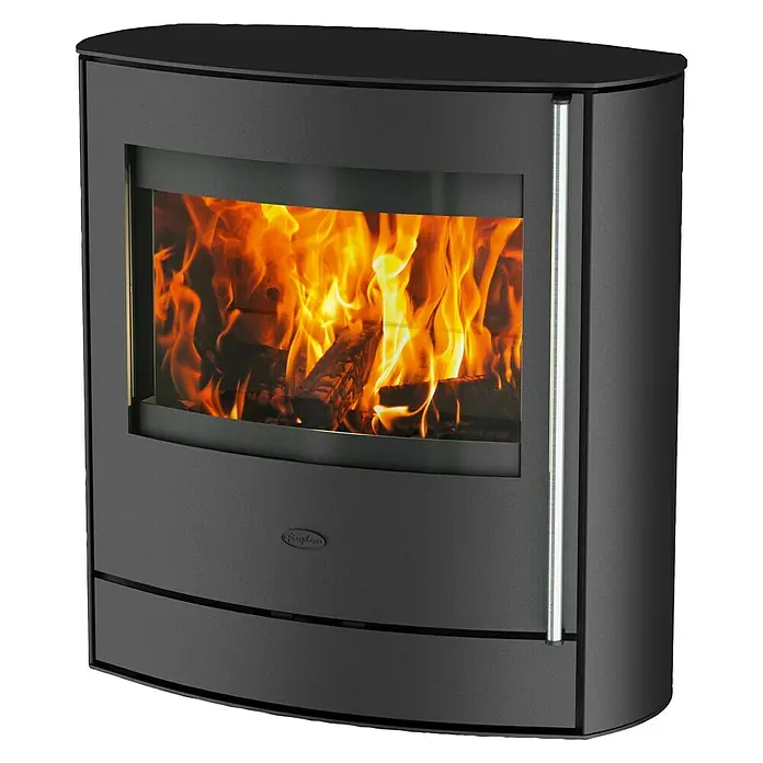 Fireplace Kaminofen Adamis - 3,8 kW - 8,1 kW, Raumheizvermögen: 126 m³, Material Verkleidung: Speckstein, Schwarz - Elegantes Kaminofendesign. Der Ofen besticht durch sein modernes Aussehen und die lodernden Flammen im Inneren, die für eine gemütliche Atmosphäre sorgen.