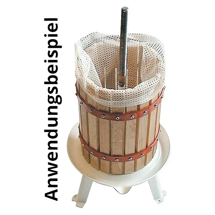 Güde Presstuch - Passend für: Güde Obstpresse OP 30 - Das Bild zeigt eine Obstpresse mit einem hölzernen Korb und einer weißen Auffangschale. Die Presse ist für die Saftherstellung aus Früchten konzipiert.