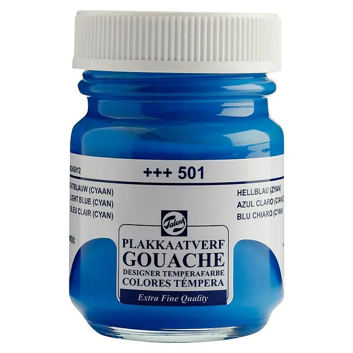 Talens Pintura gouache - Azul claro ciano, 50 ml - Un tarro de Talens Plakkaatverf Gouache en Azul Claro (Cian), número 501, para artistas y diseñadores.