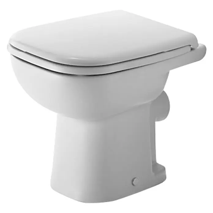 Duravit D-Code Stand-WC - Mit Spülrand, Mit antibakterieller Glasur, Spülform: Tief, WC Abgang: Waagerecht, Weiß - Nahaufnahme einer weißen Toilette mit quadratischem Deckel, die ein sauberes und modernes Design aufweist. Ideal fürs Badezimmer.