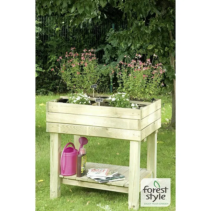 Cerland Huerto Paprika - 80 x 60 x 87 cm, Madera - Primer plano de un huerto elevado de madera de Forest Style con plantas, herramientas de jardinería y el logo de la marca.
