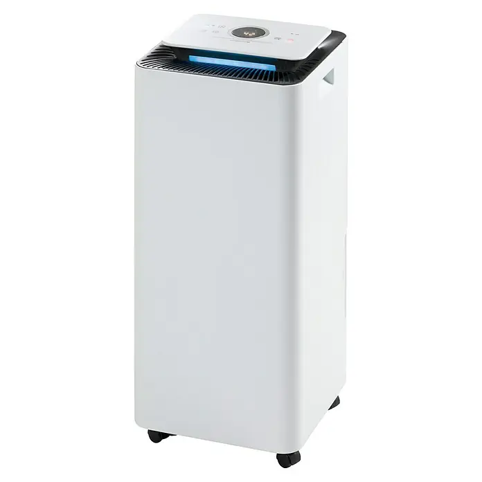 Proklima Luftentfeuchter - 400 W, Entfeuchtungsleistung: 20 l/Tag, L x B x H: 26,2 x 26,2 x 59 cm, Rollen - Bild eines weißen Luftreinigers mit einem digitalen Display, der auf Rollen steht und eine moderne, saubere Optik hat.