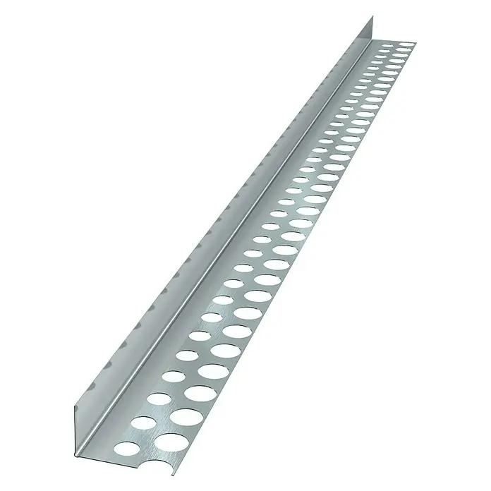 Probau Trockenbau-Eckprofil - 250 x 2,3 x 1,3 cm, Aluminium - Nahaufnahme einer silbernen Putzschiene mit Löchern auf schwarzem Hintergrund, die für glatte Kanten bei Putzarbeiten sorgt.