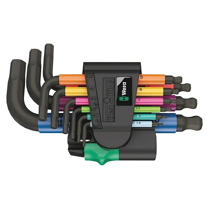 Wera Winkelschlüssel-Set 950/9 Hex-Plus - 9 -tlg. - Ein Satz Wera Hex-Plus Innensechskantschlüssel mit farbcodierten Hülsen für schnelles Erkennen der Schlüsselgrößen.