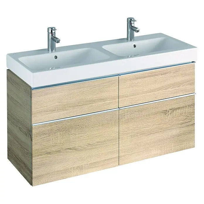 Geberit iCon Doppelwaschtisch - 120 x 48,5 cm, Ohne Spezialglasur, Hahnloch: Mitte, Anzahl Hahnlöcher: 2, Weiß - Moderner Doppelwaschtischunterschrank in Holzoptik mit stilvollen Armaturen und einem eleganten, weißen Waschbecken.