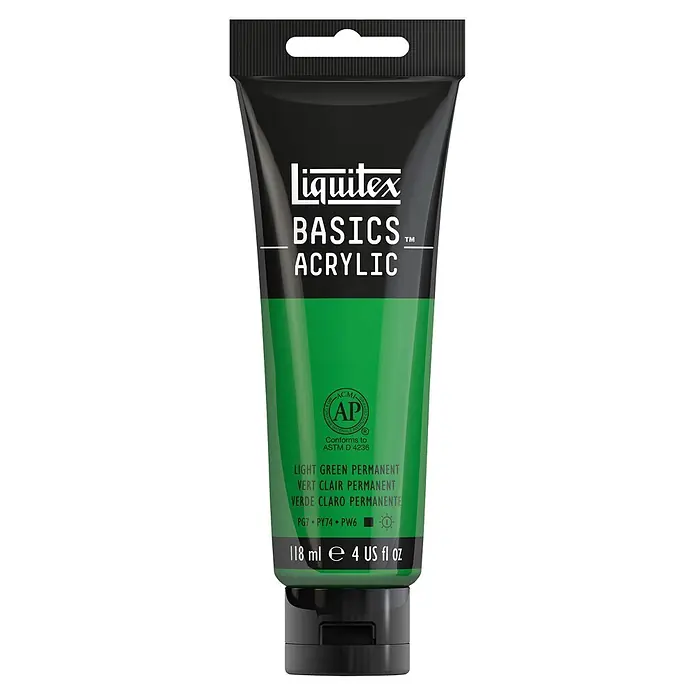 Liquitex Basics Acrylfarbe - Permanentgrün hell, 118 ml - Eine Tube Liquitex Basics Acrylfarbe in Lichtgrün Permanent, ideal für Künstler und Hobbybastler.