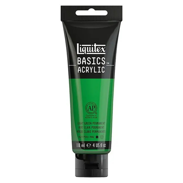 Liquitex Basics Acrylfarbe - Permanentgrün hell, 118 ml - Eine Tube Liquitex Basics Acrylfarbe in Lichtgrün Permanent, ideal für Künstler und Hobbybastler.