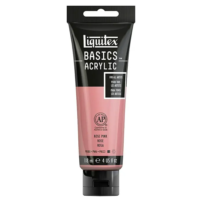 Liquitex Basics Acrylfarbe - Pinkrosa, 118 ml - Eine Tube Liquitex Basics Acrylfarbe in der Farbe Rose Pink, geeignet für Künstler, mit 118 ml Inhalt.