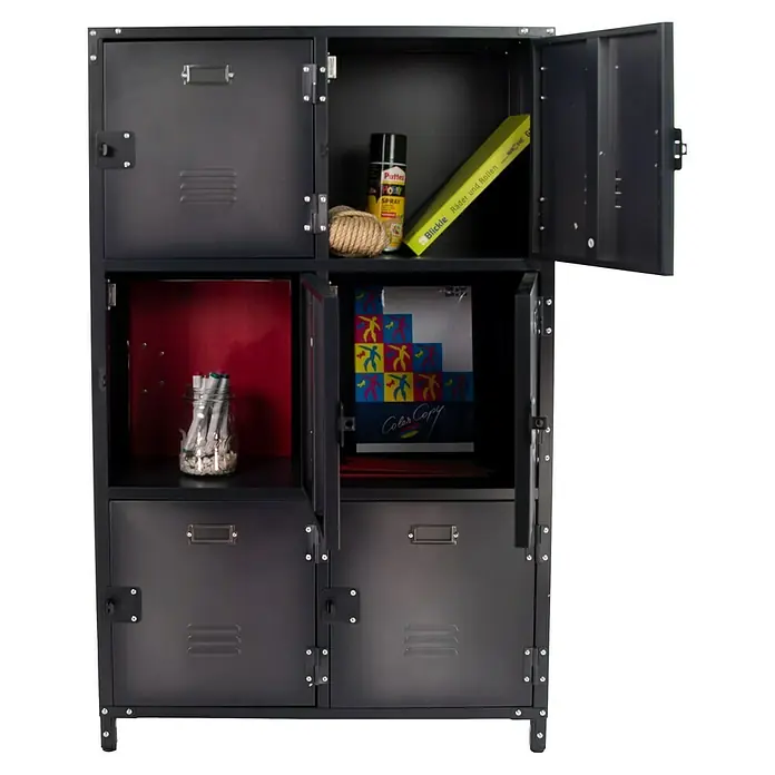 Metall-Mehrzweckschrank Vintage Industrial Style - 35 x 75 x 120 cm, Anzahl Türen: 6 Stk., Anzahl Fächer: 6 Stk. - Schwarzer Metallschrank mit Fächern und geöffneten Türen, gefüllt mit verschiedenen Gegenständen.