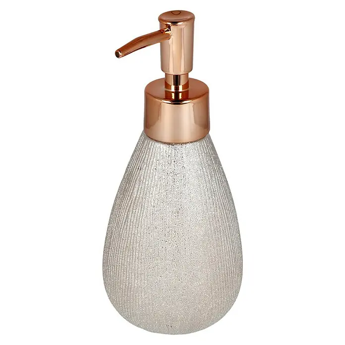 Camargue Seifenspender Aurum - Steingut, Rose/Gold - Silberfarbener Seifenspender mit kupferfarbenem Pumpkopf. Der Spender ist aus Keramik mit vertikalen Rillen.