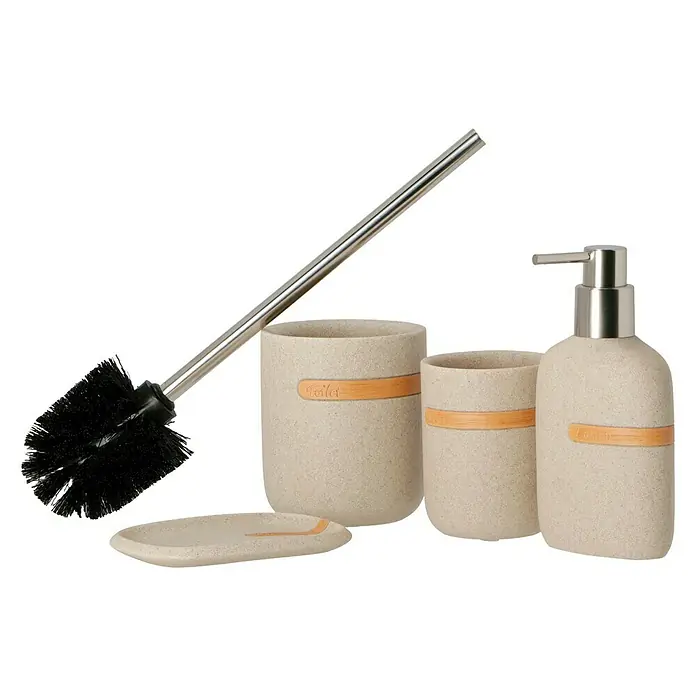 Venus Empire Seifenschale - Polyresin, Sand - Ein Badezimmersatz mit einer Toilettenbürste, einem Seifenspender, einem Zahnputzbecher und einer Seifenschale in Beige.