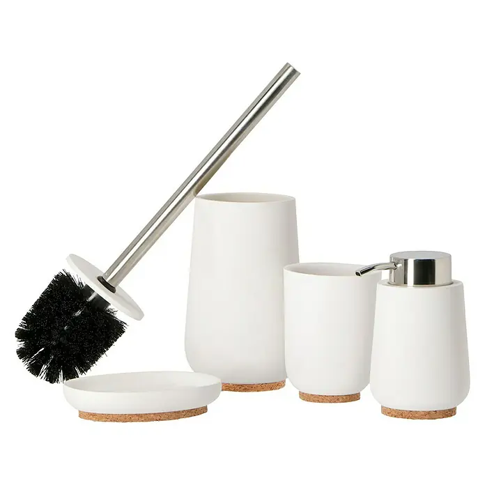 Venus Ivo Seifenschale - Polyresin, Weiß - Dieses Bild zeigt ein Badezimmer-Set mit einer Toilettenbürste, einem Seifenspender, einem Becher und einer Seifenschale. Das Set ist in Weiß gehalten.