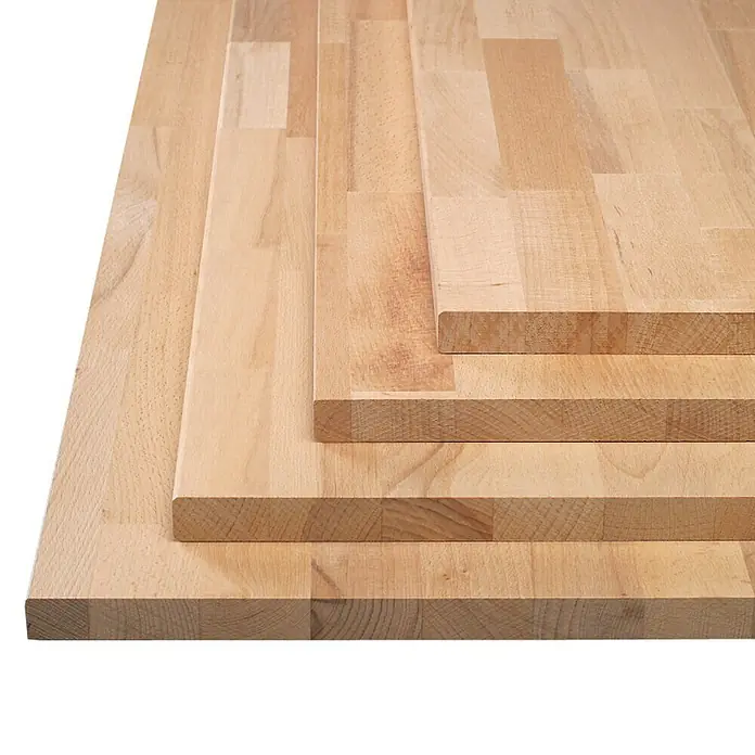 Rettenmeier Tablero encolado - Haya, 1.200 x 400 x 18 mm - Primer plano de cuatro paneles de madera clara de diferentes grosores. Ideales para proyectos de bricolaje y fabricación de muebles.