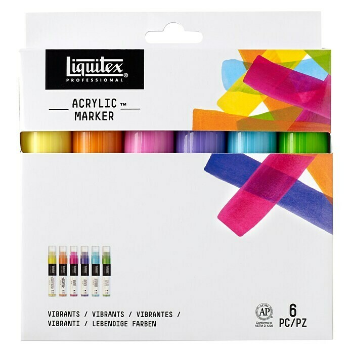 Liquitex Professional Marker-Set Paint Marker Lebendige Töne6 Stk., Lebendige Farben, 15 mm, Rechteckige Spitze Front View