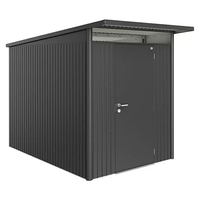 Biohort AvantGarde Gerätehaus AvantGarde - Außenmaß inkl. Dachüberstand (B x T): 180 x 300 cm, Stahl, Dunkelgrau Metallic, Einzeltür - Diagonale Ansicht