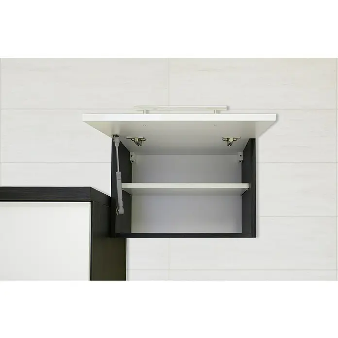 Respekta Premium Küchenzeile RP220EWCBO - Breite: 220 cm, Weiß, Mit Elektrogeräten - Aufnahme eines offenen Hängeschranks mit einem Griff an der Oberseite und einem Regal im Inneren.
