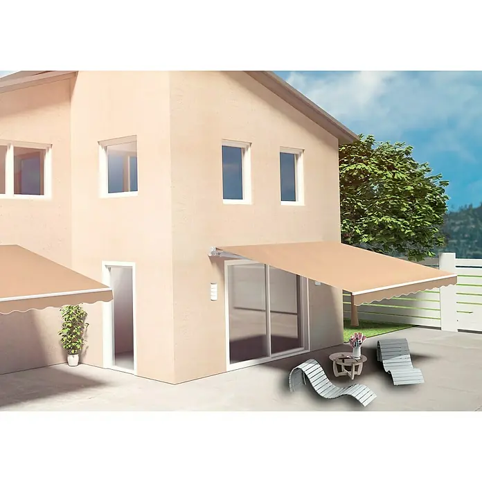 SmartSun Toldo de brazos extensibles Easy Lite - Beige arena, Ancho: 4 m, Caída: 2,5 m - La imagen muestra una fachada de una casa con un toldo elegante, que proporciona sombra y mejora la estética del edificio.