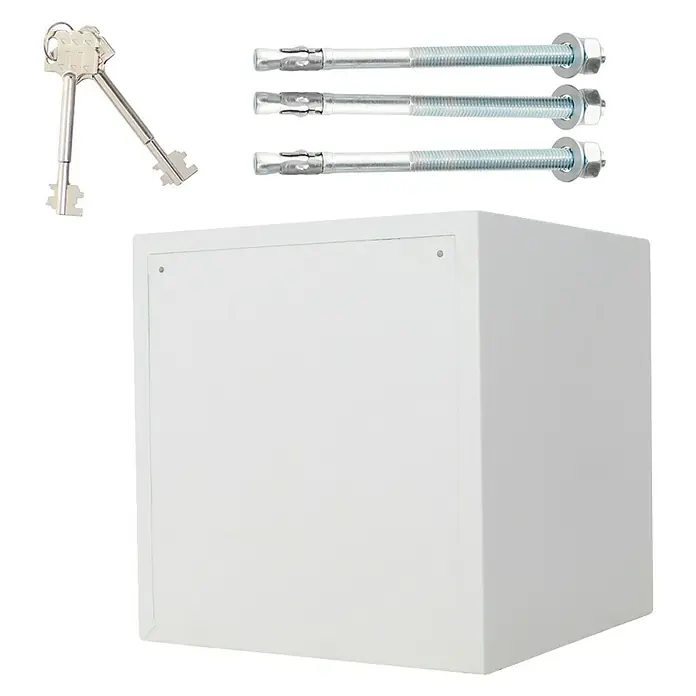 Rottner Feuerschutztresor Fire Safe - 45 x 44 x 46 cm, Doppelbart-Hochsicherheitsschloss - Ein weißer Tresor mit Schlüsseln und drei Bolzenankern zur sicheren Befestigung. Ideal für Wertgegenstände.