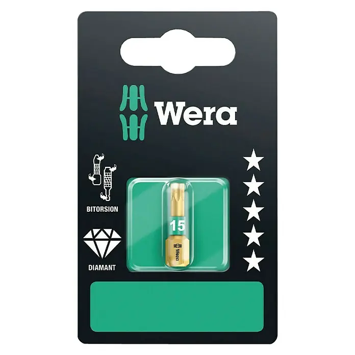 Wera Premium Plus Diamant-Bit 867/1 BDC - TX 15, 25 mm - Wera Bit 851/1 BTZ mit Diamantbeschichtung, Größe 15, für hohe Verschleißfestigkeit und längere Lebensdauer.