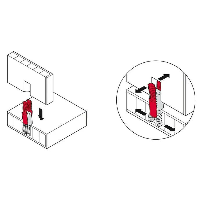 Häfele Herraje de unión para armarios Ixconnect SC 8/25 - Específico para: Grosores de madera a partir de 15 mm, Plástico - Diagrama del producto con un tornillo rojo para el montaje de muebles. Una ilustración detallada muestra cómo se fija el mueble con tornillos.