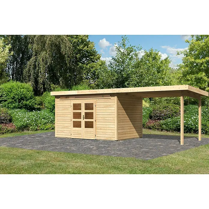 Karibu Gartenhaus Kandern 7 - Außenmaß inkl. Dachüberstand (B x T): 702 x 273 cm, Holz, Natur - Abbildung eines Gartenhauses aus Holz mit Doppeltüren und einem überdachten Bereich, ideal für den Garten.