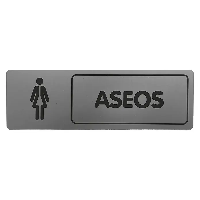 Rótulo - Plateado/Negro, Señoras, 18 x 5 cm - Letrero gris para aseo de mujeres con la inscripción "ASEOS", designando las instalaciones sanitarias para mujeres.