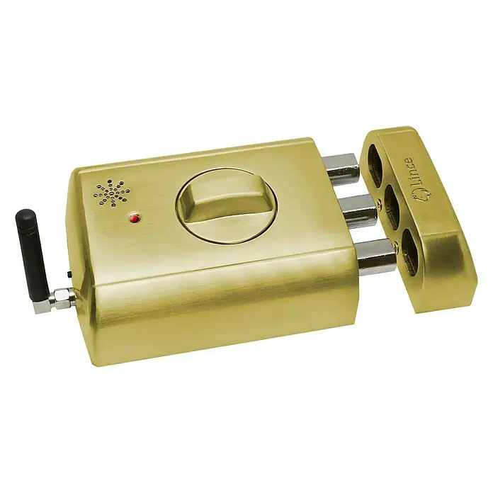 Lince Cerradura electrónica Supratronik 4940TK - Apto para: Puertas, Dorado - Primer plano de una cerradura de cerrojo dorado de Lince, que combina seguridad con estilo.