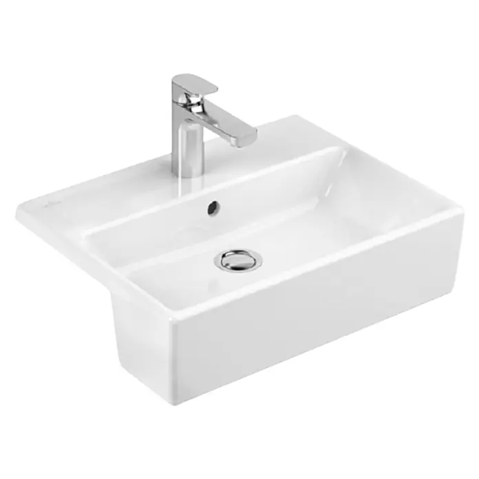 Villeroy & Boch Memento Einbauwaschbecken - 55 x 42,5 cm, Ohne Spezialglasur, Hahnloch: Mitte, Mit Überlauf, Weiß - Ein elegantes, rechteckiges Aufsatzwaschbecken mit einem modernen Chrom-Wasserhahn. Das Waschbecken besticht durch sein schlichtes, zeitloses Design.