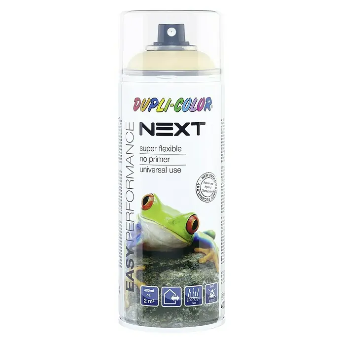 Dupli-Color Next Pintura decorativa en spray - Amarillo pastel, Brillante, 400 ml - Pintura en aerosol Dupli-Color Next: Pintura súper flexible sin imprimación para aplicaciones universales, con un diseño de rana en la lata.