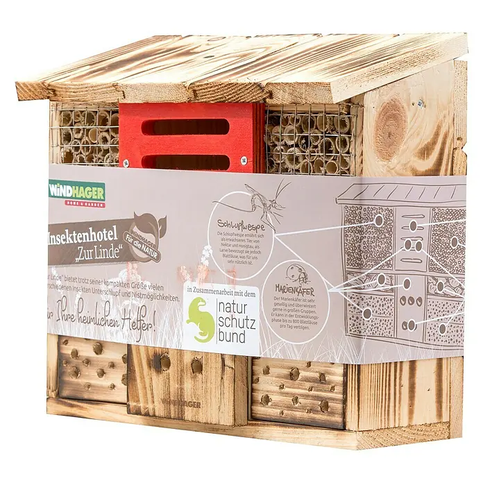 Windhager Insektenhotel Zur Linde - 30 x 13,5 x 27 cm, Naturbraun/Rot - Ein Insektenhotel "Zur Linde" von Windhager, das verschiedenen Insekten Unterschlupf und Nistmöglichkeiten bietet.