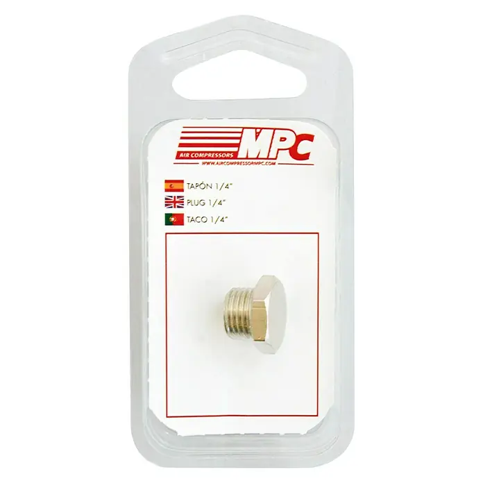 MPC Tapón roscado - ¼″ - Un tapón de 1/4", empaquetado en un blíster de plástico transparente por MPC Air Compressors.