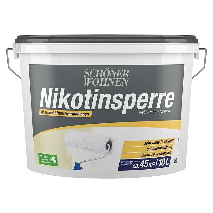 SCHÖNER WOHNEN-Farbe Nikotinsperre - 10 l, Weiß - Eimer Nikotinsperre von Schöner Wohnen, ideal zum Abdecken von Rauchverfärbungen. Weiß, matt und für den Innenbereich geeignet, Inhalt 10 Liter für ca. 45 m².