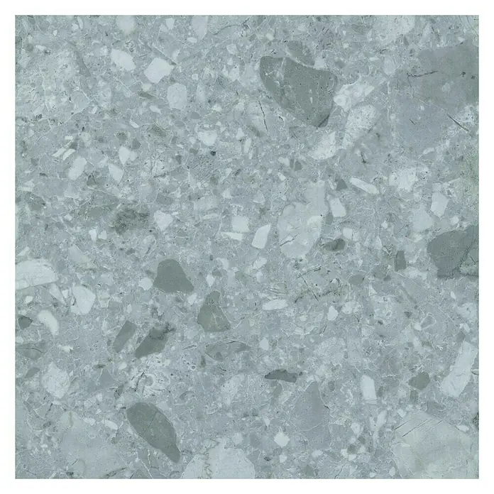 Resopal Basic Küchenarbeitsplatte nach Maß - Nuvolento, Stärke: 3,8 cm, Breite: 60 cm - Graue Terrazzo-Fliese mit einer glatten Oberfläche und unregelmäßigen Mustern für moderne Innenräume.