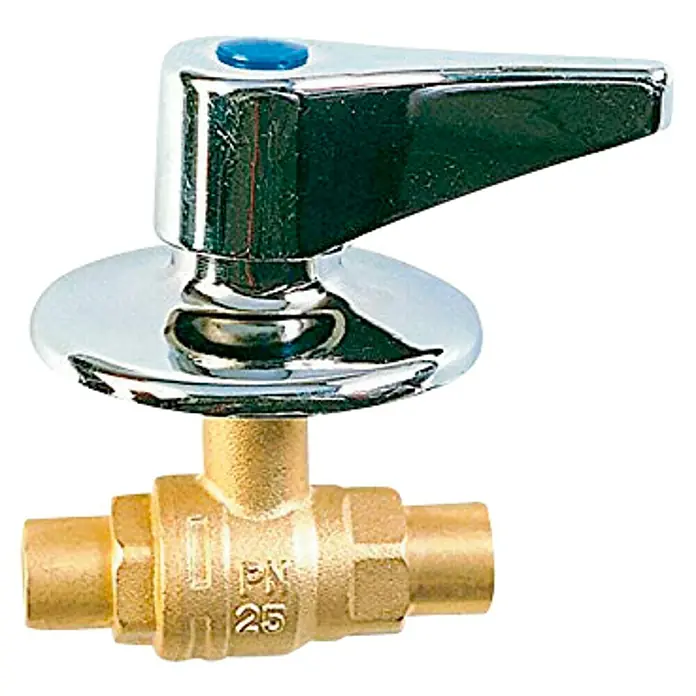 Válvula esférica empotrar - 18 mm, Latón - Grifo con botón azul, manija cromada y cuerpo de latón, ideal para uso en instalaciones sanitarias.