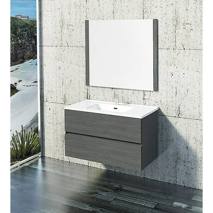 Artysan Mueble bajo de lavabo Denver - L x An x Al: 46 x 80 x 54,5 cm, Ceniza - Moderno conjunto de baño con mueble de lavabo gris y espejo, que ofrece un diseño elegante y funcional.