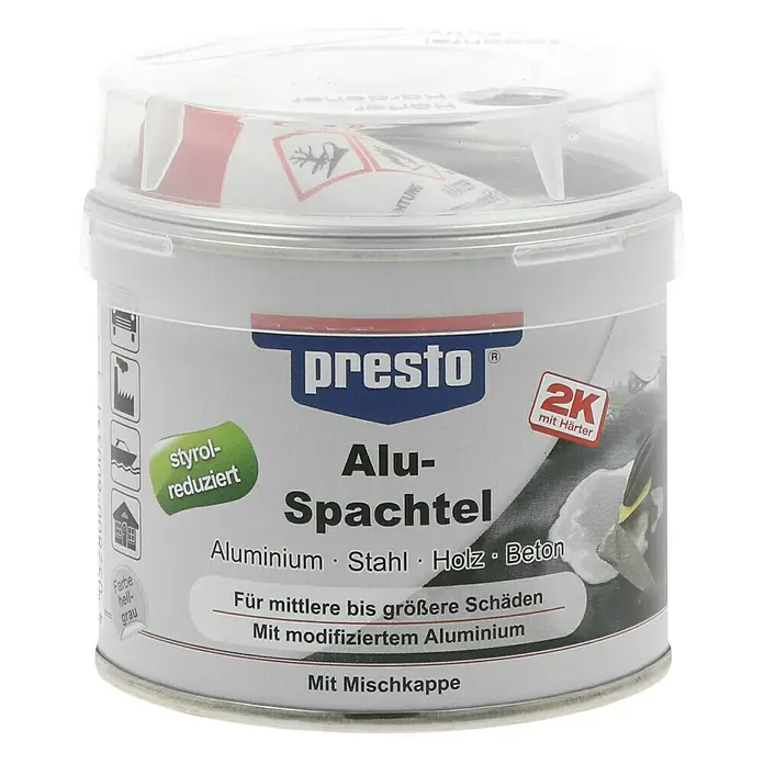 Presto Aluspachtel - 250 g - Dose Presto Alu-Spachtel, ein 2K-Aluminiumspachtel für mittlere bis größere Schäden an Aluminium, Stahl, Holz und Beton, mit Mischkappe.