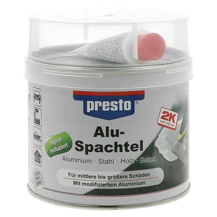 Presto Aluspachtel - 1 kg - Dose Presto Alu-Spachtel für mittlere bis größere Schäden an Aluminium, Stahl, Holz und Beton, inklusive Härter.