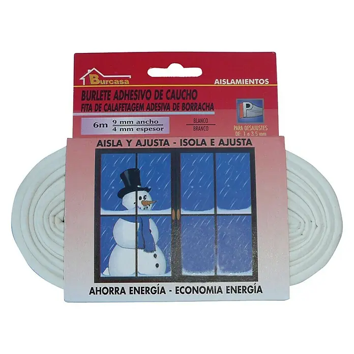 Burlete para ventanas Formato P - Blanco, Largo: 6 m, Desajustes de 1 - 3,5 mm - Burlete adhesivo: Cinta de sellado de caucho autoadhesiva, 6m de largo, 9mm de ancho y 4mm de espesor, color blanco para aislar ventanas y puertas.