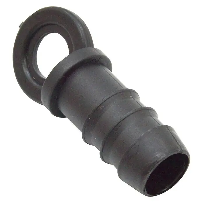 Tapón final Goteo - 16 mm, 10 ud. - Primer plano de un conector de tubo de goteo negro con ojal para sistemas de riego.