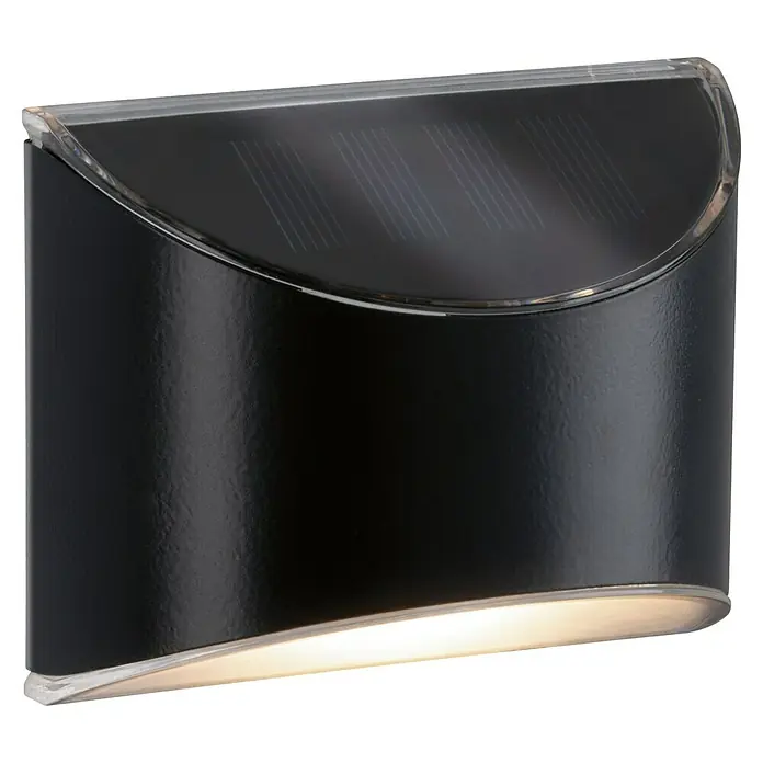 Paulmann Solar-Außenwandleuchte Elliot - 0,05 W, L x B x H: 5,3 x 10 x 8 cm, Anthrazit, IP44 - Nahaufnahme einer schwarzen Solarleuchte mit einer klaren Abdeckung und einem leuchtenden unteren Licht, perfekt für den Außenbereich.