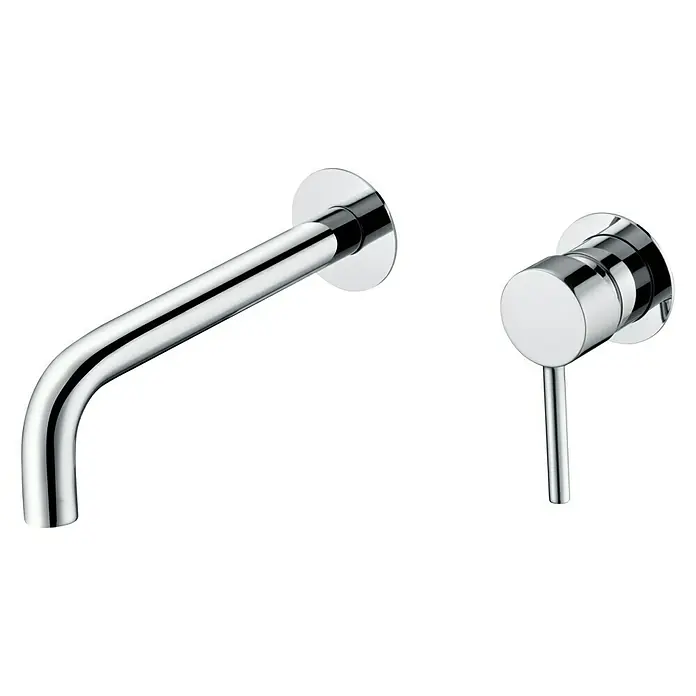 Imex Grifo de lavabo Etna - Cromo - Primer plano de un moderno grifo de lavabo de pared cromado que consta de un caño y una palanca de control separada.