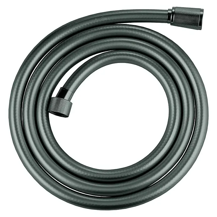 Grohe Brauseschlauch Silverflex - Länge: 175 cm, ½″, Kunststoff, Hard Graphite - Nahaufnahme eines flexiblen Duschschlauchs in dunklem Grau mit gerändelten Endstücken, der in einer Spirale auf einem weißen Hintergrund liegt.