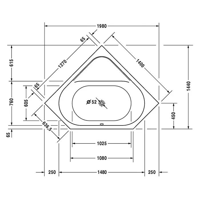 Duravit D-Code Eckbadewanne - L x B: 140 x 140 cm, Sanitäracryl, Weiß - Technische Zeichnung einer Eckbadewanne mit Maßangaben zur Installation im Badezimmer.