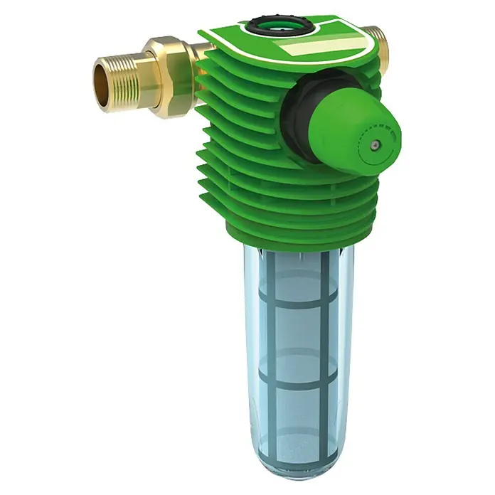 Grünbeck Feinfilter Boxer KDX - 1″, Mit Druckminderer - Das Bild zeigt einen Wasserfilter mit einem grünen Gehäuse und einem durchsichtigen Behälter. Der Filter hat einen goldenen Anschluss.