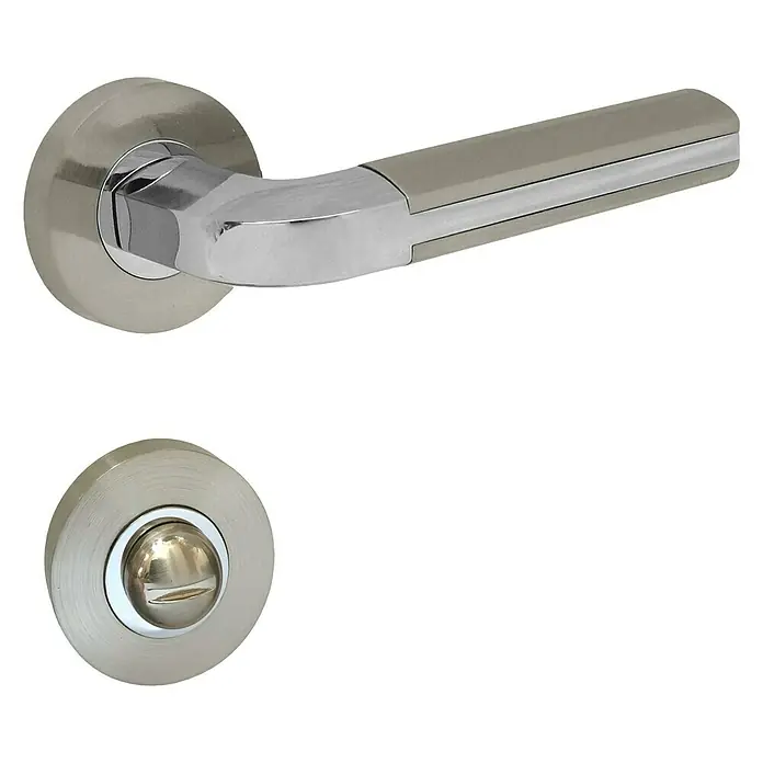 Lienbacher WC-Drückergarnitur Data - Schlitzkopf/Olive, Nickel - Ein modernes Türdrücker-Set in Silber, bestehend aus einem Griff und einem Drehknopf, ideal für stilvolle Innentüren.