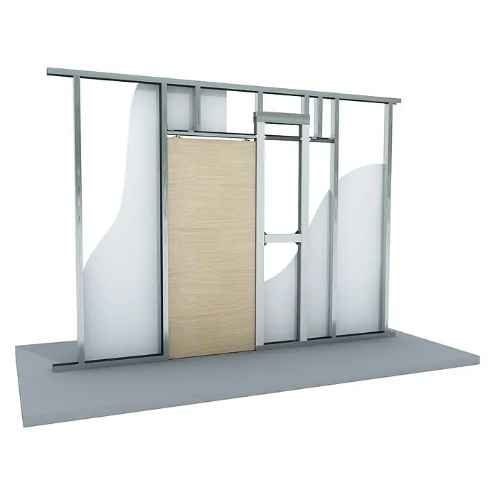 Knauf Klemmbacken Pocket Kit - Belastbarkeit pro Tür: 120 kg, Passend für: Glastürblätter mit Glasdicken 8/10/12 mm VSG/ESG - Illustration einer Wandkonstruktion mit Metallrahmen, Gipskartonplatten und einer Holztür, die einen Einblick in den Aufbau bietet.