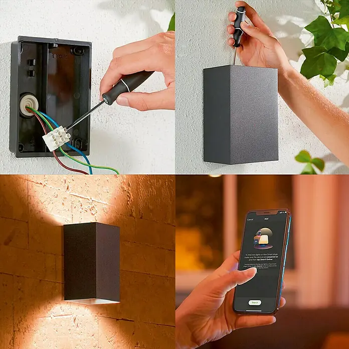 Philips Hue LED-Außenwandleuchte White & Color Ambiance Resonate Up & Down - 16 W, 9,3 x 12 x 18 cm, Schwarz, IP44 - Installation einer intelligenten Außenleuchte.