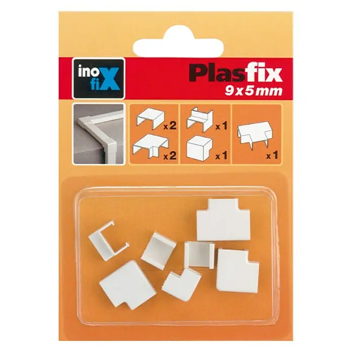 Inofix Plasfix Kit de accesorios para canaleta - Blanco, An x Al: 0,9 x 0,5 cm, 7 ud. - Un paquete de accesorios para canaletas de cables Plastfix de 9x5mm, incluyendo varias piezas de esquina y conectores para la instalación de canaletas.