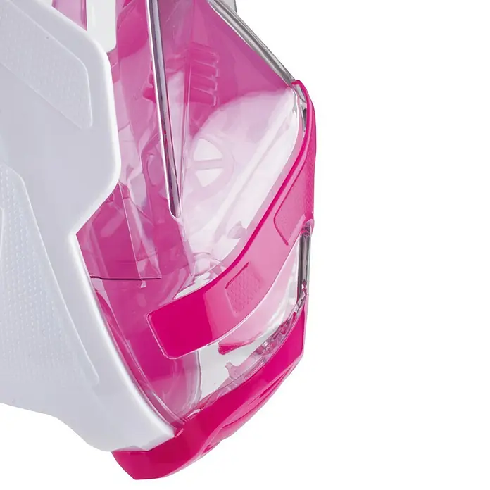Seac Sub Máscara de Snorkel Magica - S/M, Plástico, Rosa - Primer plano de una máscara de snorkel rosa con visor transparente y laterales blancos, diseñada para claridad y confort durante el snorkel.