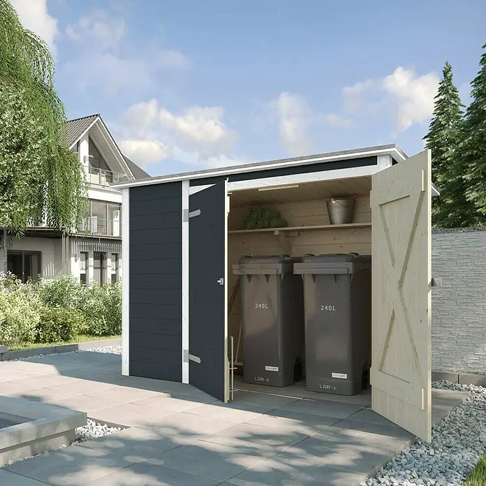 Weka Gerätehaus - Außenbreite inkl. Dachüberstand: 213 cm, Außentiefe inkl. Dachüberstand: 100 cm, Holz, Anthrazit, Weiß - Geräumiges Mülltonnenhaus aus Holz für zwei 240-Liter-Tonnen, mit praktischem Regal für Gartengeräte und Zubehör.